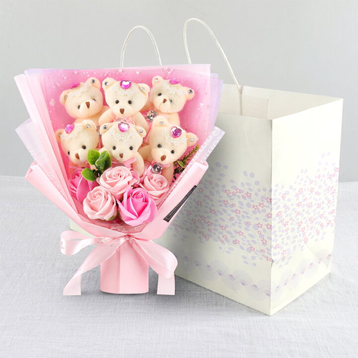 ソープフラワー 花束 ローズ5輪 バラ ぬいぐるみ花束 お花 卒業祝い ベアー6匹 プレゼント ギフト ブーケ 合格祝い くま束