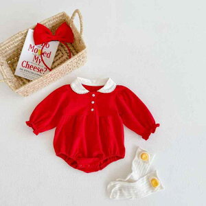 ロンパース ベビー 女の子 新生児 赤ちゃん服 春秋 赤 長袖 丸襟 ドールカラー コットン ボディスーツ カバーオール 普段使い デイリー 肌に優しい