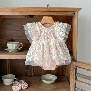 ロンパース ベビー 女の子 半袖 チュールワンピース カバーオール 夏服 お宮参り お食い初め 記念日 セレモニー 綿混紡 コットンブレンド かわいい スイート くすみピンク ボディスーツ