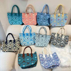 バッグ レディース 編み込み ハンドバッグ レトロ 民族風 アトラス柄 大容量 普段使い 旅行 春夏 ポリエステル 縦型 スクエア マグネット開閉 しなやか 鞄