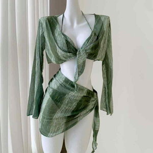 水着 レディース セパレート 長袖 スカート ビキニ 4点セット 小胸 盛れる 体型カバー セクシー おしゃれ かわいい グリーン