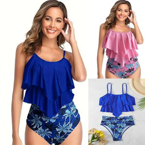 水着 レディース セパレート フリル ビキニ 体系カバー ポリエステル 競泳用 スイミング 練習用 海水浴 温泉 紺色 青色