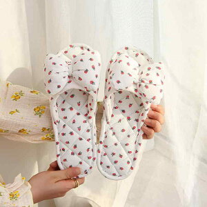 スリッパ レディース リボン 蝶結び 布製 リネン 麻 綿 室内履き ルームシューズ 静音 洗濯可能 丸洗いOK 厚底 オープントゥ 韓国風 いちご柄 ピンク ブルー ホワイト イエロー 普段使い おう