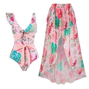 水着 レディース ワンピース スカート付き 体型カバー 痩せて見える セクシー スイムウェア 花柄 高弾性 接触冷感 ピンク系 ブルー系 S M L XL