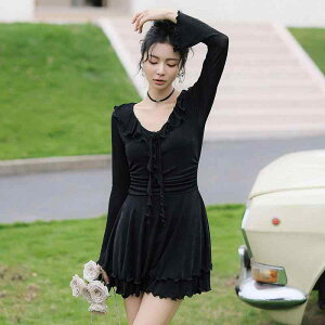 水着 レディース ワンピース スカート付き 体型カバー 着痩せ セクシー スポーツ風 温泉 游泳館 スイムウェア ブラック ベージュ