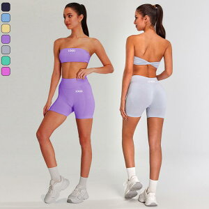 ヨガウェア レディース チューブトップ ショートパンツ 上下セット シームレス ジャカード パッド付き ストレスフリー 高級感 スポーツ フィットネス トレーニング 春夏