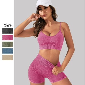 セットアップ レディース ヨガ フィットネス スポーツ シームレス ブラトップ 桃尻 ショートパンツ ナイロン スパンデックス ウォッシュ加工 通気性 伸縮性 ジム トレーニング ランニング 2