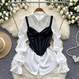 セットアップ レディース 宮廷風 高級感 低身長向け 花びら袖 長袖 ポロ襟 シャツ 魚骨デザイン キャミソール ベスト エレガント 上品 通勤 オフィスカジュアル ポリエステル 夏