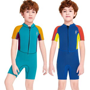 ウェットスーツ キッズ 男の子 2.5mm クロロプレンゴム 保温 一体型 半袖 スイムウェア UVカット サーフィン シュノーケリング マリンスポーツ プール 海水浴 黄色 オレンジ色
