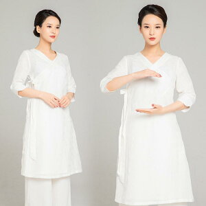 太極拳ウェア レディース 女性用 春夏 斜め襟 紐付き ジャカード織り 麻 リネン トップス スカート 上下セット セットアップ 練習着 演舞服 ゆったり リラックス 普段使い ホワイト 白 ブル