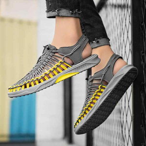 サンダル メンズ 男性用 夏 カジュアル 編み込み ローマ風 ビーチ 水陸両用 合成皮革 PUソール 防水 滑り止め 厚底 トゥガード レースアップ ブラック ベージュ グレー ダークブルー