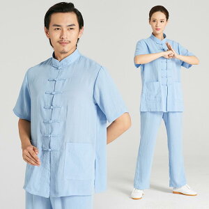 太極服 男女兼用 ユニセックス スポーツウェア 亜麻 リネン 春夏 太極拳 練習着 演武服 武術服 高齢者 朝練服 無地 白 黒 青 灰色 吸湿速乾 軽量 通気性 快適