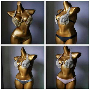 ビキニ 水着 レディース 女性用 ジルコニア フリンジ ストーン装飾 キラキラ ナイトクラブ パーティー イベント セクシー 胸パッド入り 三角パンツ セパレート 無地 欧米風 ピンク ゴールド