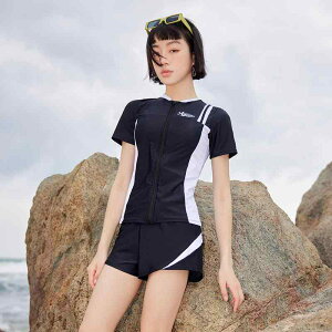 水着 レディース 大きいサイズ プラスサイズ セパレート ファスナー 前開き 半袖 ショートパンツ ハイウエスト 体型カバー 細見え 露出控えめ 胸パッド付き スポーツ フィットネス 伸縮性