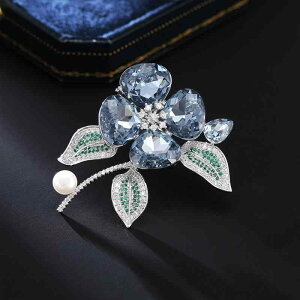 ブローチ レディース ブルー フラワー クリスタル ジルコニア 天然淡水パール レトロ エレガント 上品なデザイン 普段使い オフィス カジュアル フォーマル対応 銅製