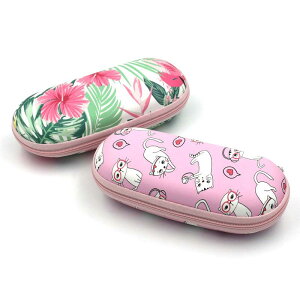 子供 サングラス メガネケース かわいい キャラクター 猫柄 リーフ柄 レザー調プリント EVA素材 耐衝撃 ジッパー ファスナー ハードタイプ 携帯用