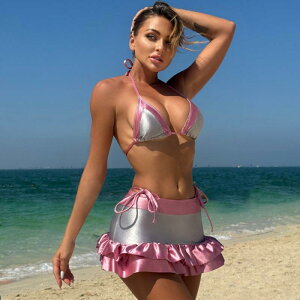 水着 レディース ビキニ 3点セット ショート丈スカート ピンク 紐ストラップ 配色切り替え グロッシー ポリエステル素材 パッド入り セクシー スイムウェア ビーチ リゾート プール