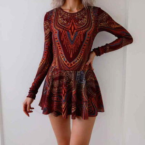 スイムウェア レディース ワンピース 水着 長袖 UVカット 日焼け対策 スカートタイプ 体型カバー 露出控えめ 速乾 ストレッチ 欧米風 ビーチ プール リゾート 海水浴 マリンスポーツ 春夏 宝