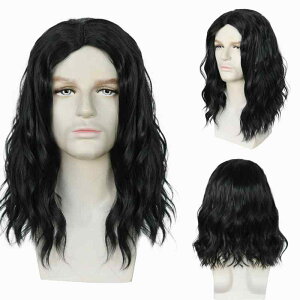 ウィッグ メンズ 男性用 かつら ブラック 黒 センター分け センターパート おしゃれ ファッション ボリューム ふわふわ ショートカール ウェーブヘア 耐熱ファイバー 人工毛 通気性 ナチュ