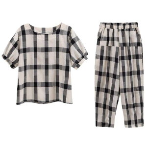 レディース 大きいサイズ カジュアル セットアップ ゆったり 半袖 チェック柄 上品 きれいめ 春夏 ファッション クロップドパンツ ポケット付き ポリエステル素材