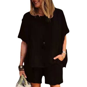 カジュアルセットアップ レディース ぽっちゃり プラスサイズ ゆったり ルーズフィット 体型カバー 半袖 ショートパンツ きれいめ 上品 無地 切り替え ポリエステル素材 春夏 通勤着 普段使