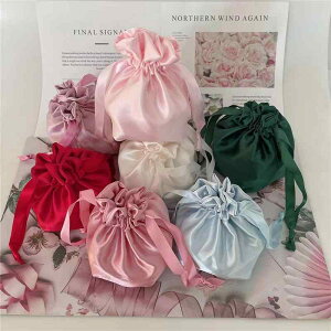 巾着袋 フェイクシルク サテン ポーチ 二重構造 ダブルドローストリング コスメ収納 防塵 トラベルポーチ 高級感 多色展開