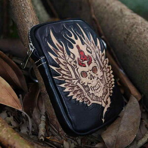 ウエストバッグ メンズ 本革 牛革 レトロ ビンテージ スカル 髑髏 型押し 小型 ミニ ボディバッグ ショルダーバッグ ブラック 縦型 コットン裏地 バイカー