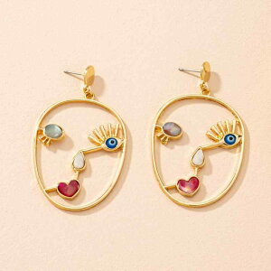 ピアス レディース 欧米風 大ぶり 抽象 フェイスモチーフ ゴールド カラフル 透かし彫り 合金製 電気メッキ加工 おしゃれ 個性的 デザイン