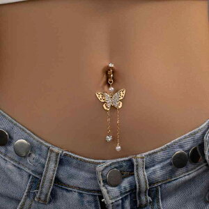 へそピアス レディース 女性用 フェイク ノンホール クリップ式 蝶 バタフライ タッセル フリンジ 吊り下げ 揺れる セクシー ゴールドカラー 電気メッキ加工 ビーチ リゾート 水着スタイル