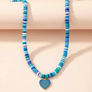 レディース ネックレス エスニック ボヘミアン レトロ ソフトクレイ 陶器 ビーズ ハート クラインブルー カラフル レインボー 立体デザイン セーターチェーン ロング
