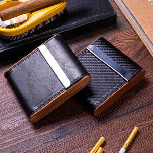 シガレットケース メンズ 男性用 20本収納 木製 レザー 切り替え 頑丈 スリム 携帯用 ブラック ブラウン おしゃれ 高級感 コンパクト(x2)