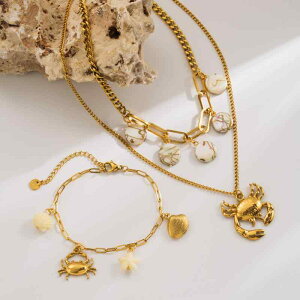 ネックレス レディース 春夏 欧米風 トレンド カジュアル リゾートスタイル カニモチーフ 高級感 ステンレス 14Kゴールド シェル 多層 鎖骨チェーン 電気メッキ加工 チタン鋼 ブレスレット