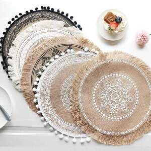 ランチョンマット 北欧 インスタ風 おしゃれ 高級感 PP素材 ダイニングテーブル用 円形 耐熱 防汚 38cm フリンジ ポンポン(x2)