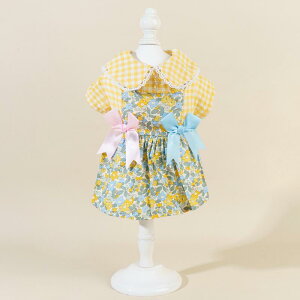 犬服 女の子 春夏 かわいい 蝶ネクタイ付き イエロー ギンガムチェック 小花柄 コットン サロペットスカート ヨークシャーテリア 小型犬 中型犬 猫用(x2)