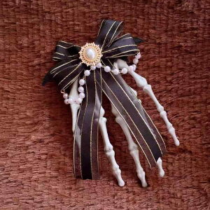 ヘアアクセサリー ユニセックス ゴスロリ系 ゴシック ロリータ ダーク スケルトンハンド 羽根 リボン パールチェーン バレッタ ブローチ(x2)