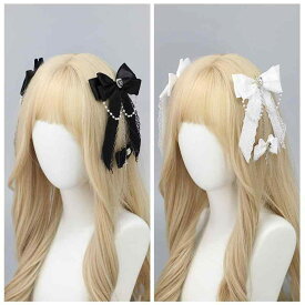 ヘアクリップ レディース 堕天使 地雷系 ゴシック サブカルチャー 甘辛ミックス 病みかわ ダークファンタジー レース リボン ラインストーン チェーン ハンドメイド 白 黒