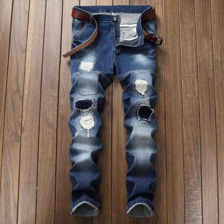 楽天市場】デニムパンツ メンズ 膝ダメージ加工 刺繍デザイン 個性的 