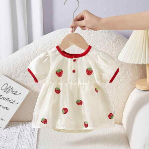 ロンパース ベビー 女の子 新生児 半袖 いちご柄 スカート風 カバーオール 薄手 プルオーバー 韓国風 ポリエステル 春夏 赤ちゃん お祝い お出かけ かわいい レッド