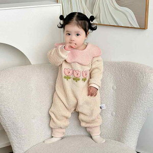カバーオール ロンパース ベビー 女の子 新生児 小花刺繍 花柄襟 裏起毛 厚手 長袖 ポリエステル 秋冬春 かわいい おしゃれ アプリコットカラー 普段使い