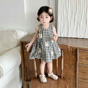 ワンピース ベビー 女の子 ノースリーブ うさぎ ラビット チェック柄 格子柄 コットン 綿 夏 サマー 青 ブルー Aライン キッズ 子供用 普段使い お出かけ