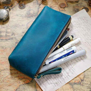 ペンケース 男女兼用 学生 フルグレインクレイジーホースレザー 本革 レトロ ヴィンテージ調 大容量 ハンドメイド 筆箱 文具入れ 軽量