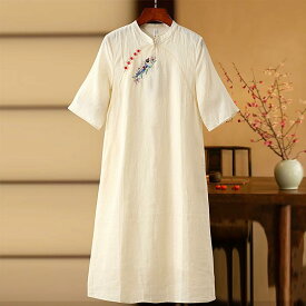 チャイナドレス レディース 新中華風 レトロ 改良 苧麻 ラミー 鵲 カササギ 刺繍 花柄 ショート丈 五分袖 ショートスタンドカラー 斜め襟 ポケット付き 春夏秋