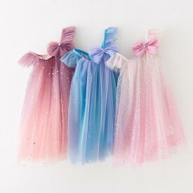 ワンピース キッズ 女の子 ドレス 蝶結び リボン チュール レース スパンコール キラキラ プリンセス 舞台 発表会 結婚式 フォーマル グラデーション レインボー パープル ブルー ピンク Aライン ノースリーブ オールシーズン