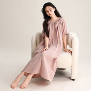パジャマ レディース マタニティ 春夏 ラウンドネック プルオーバー ゆったり 薄手 クレープ生地 綿 半袖 ロング丈 ルームウェア 部屋着 外出可能 ワンピース 通気性 快適な着心地