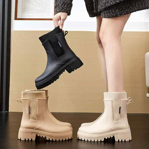 レインブーツ レディース サイドゴア 防水 滑り止め 厚底 ミドル丈 PVC素材 伸縮性 履き口 ゴム カジュアル ファッション 中ヒール