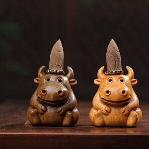 倒流香炉 緑檀 南米黄楊木 木彫り 彫刻 牛 雄牛 禅風 和風 縁起物 開運 成功祈願 インテリア 置物 オブジェ 瞑想 癒やし リラックス デスク 書斎(x2)
