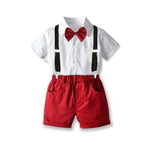 フォーマルウェア 男の子 キッズ 紳士服 白シャツ サスペンダーショートパンツ 蝶ネクタイ セットアップ 結婚式 発表会 パーティー 宴会 欧米風 コットン ワインレッド 夏 半袖