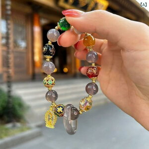 数珠ブレスレット 男女兼用 五路財神 金運招来 財運向上 平安 厄除け 開運 グレー瑪瑙 香灰琉璃 寺院デザイン 天然石 パワーストーン お守り 普段使い