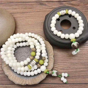 手串 男女兼用 白玉菩提根 蓮の花 ロータス 108玉 菩提数珠 念珠 エスニック ハンドメイド 一連 数珠ブレスレット 腕輪 お守り 開運 厄除け 丸玉 ホワイト アイボリー(x2)