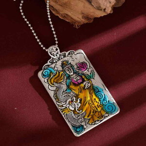 ネックレス 七宝焼き 観音像 仏像 シルバーカラー ペンダントトップ 樹脂加工 個性的 ファッション ユニーク チャーム 縁起物 吉祥柄